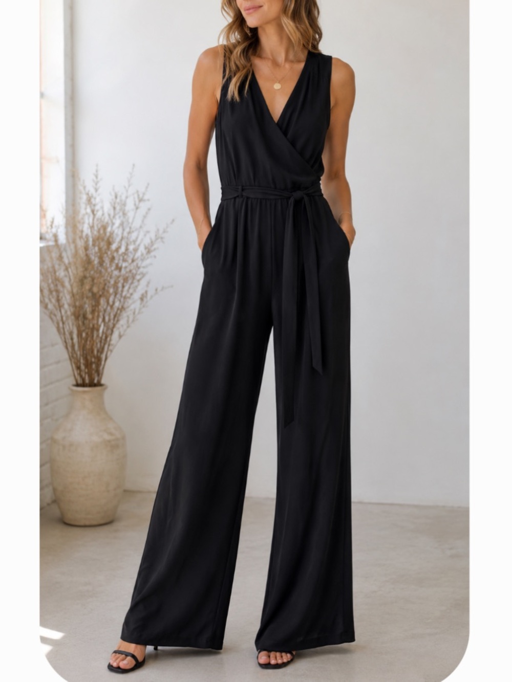 Abercrombie & Fitch Black Sleeveless Wrap Wide-Leg Jumpsuit